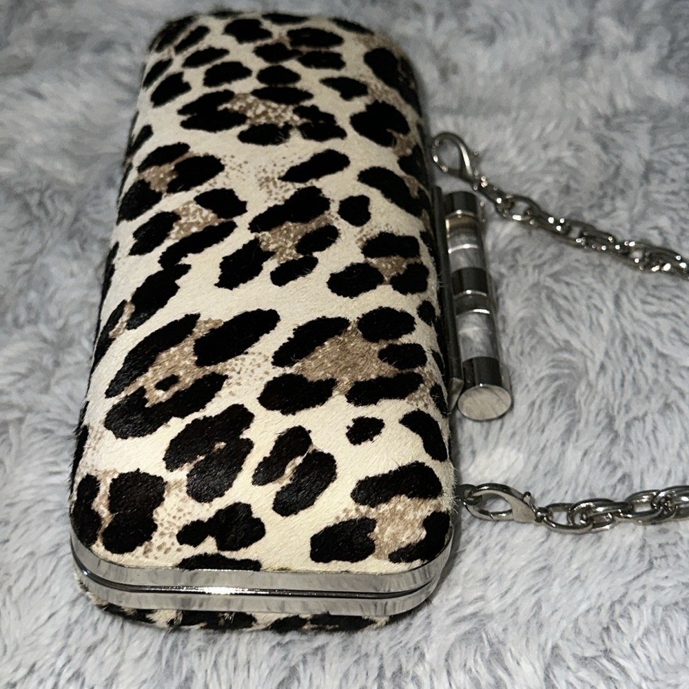White House Black Market Leopard Haircalf Box Clutch Silver Chain Bag - Picture 4 of 12